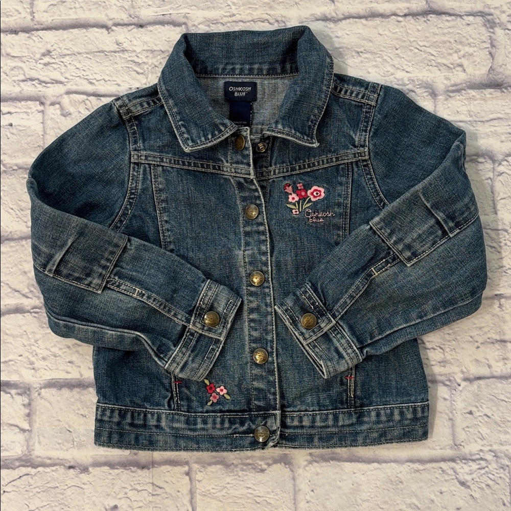Oshkosh Girls Denim Jean Jacket Pink Floral Embroidery Button Front Girls Size 5